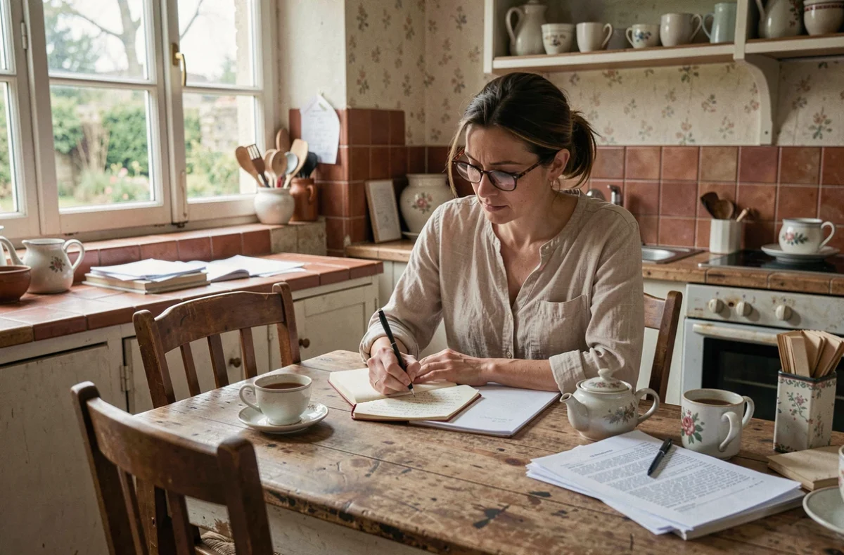 Femme écrivant sa liste de désirs dans un carnet dans une cuisine rustique française, ambiance intimiste et nostalgique