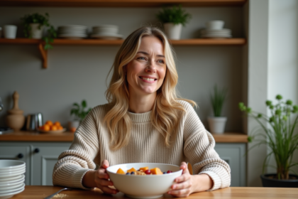 Femme souriante mangeant un bol de fruits dans une cuisine chaleureuse