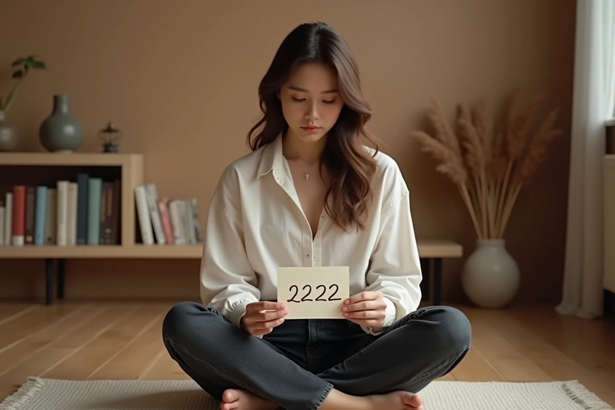Femme tenant un papier avec le chiffre 2222 écrit à la main, assise en méditation dans un appartement minimaliste, symbolisant la signification spirituelle des flammes jumelles