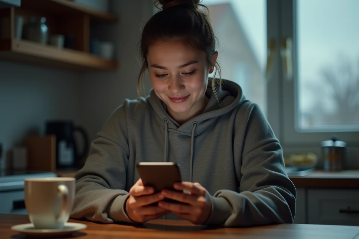 Jeune femme émue lisant un message d'amitié sincère sur son téléphone à la table de sa cuisine