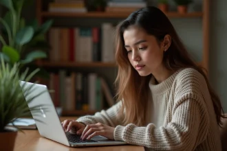 Jeune femme consultant un site web en toute sécurité sur son ordinateur portable depuis un bureau à domicile