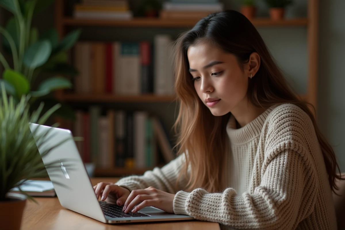 Jeune femme consultant un site web en toute sécurité sur son ordinateur portable depuis un bureau à domicile