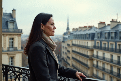 Femme élégante sur balcon parisien contemplant la ville