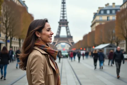 Femme en trench beige et foulard à Paris avec la Tour Eiffel
