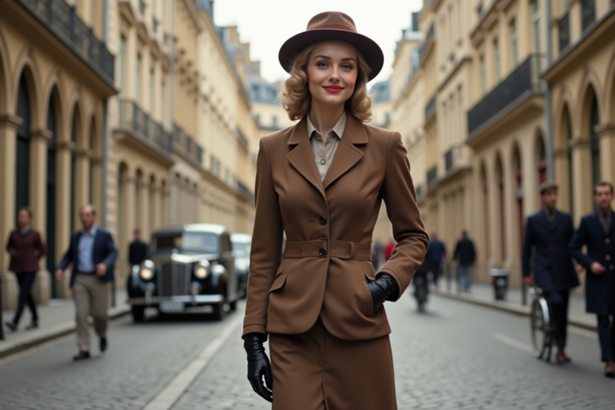 Femme élégante en tailleur vintage dans une rue parisienne
