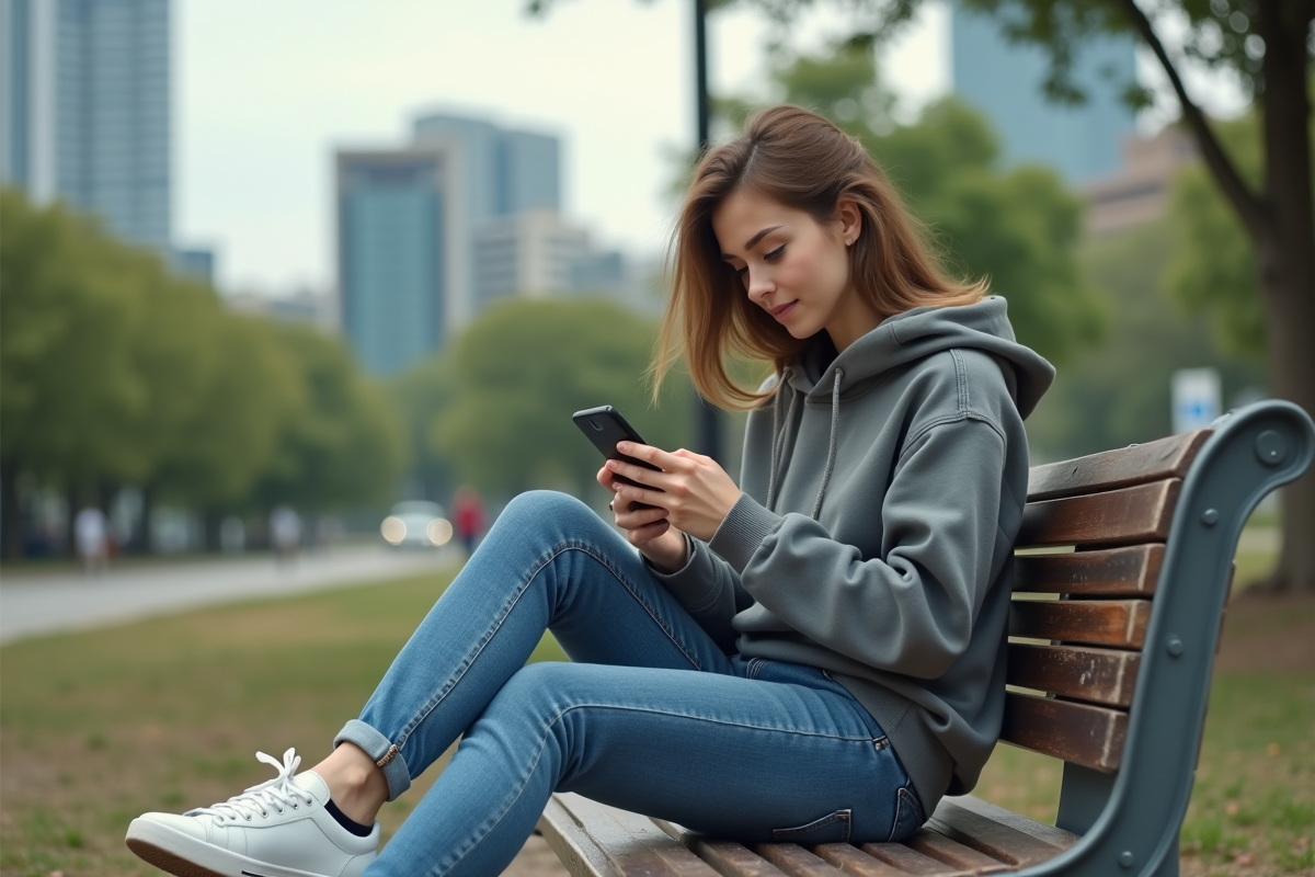 Jeune femme sur un banc de parc en ville avec smartphone