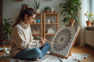 Jeune femme peignant un mandala sur une toile dans un intérieur créatif