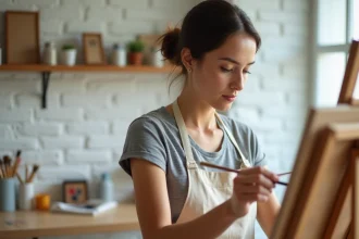 Femme en tablier de lin peignant sur une toile numérotée Paint by Numbers dans un atelier créatif à domicile