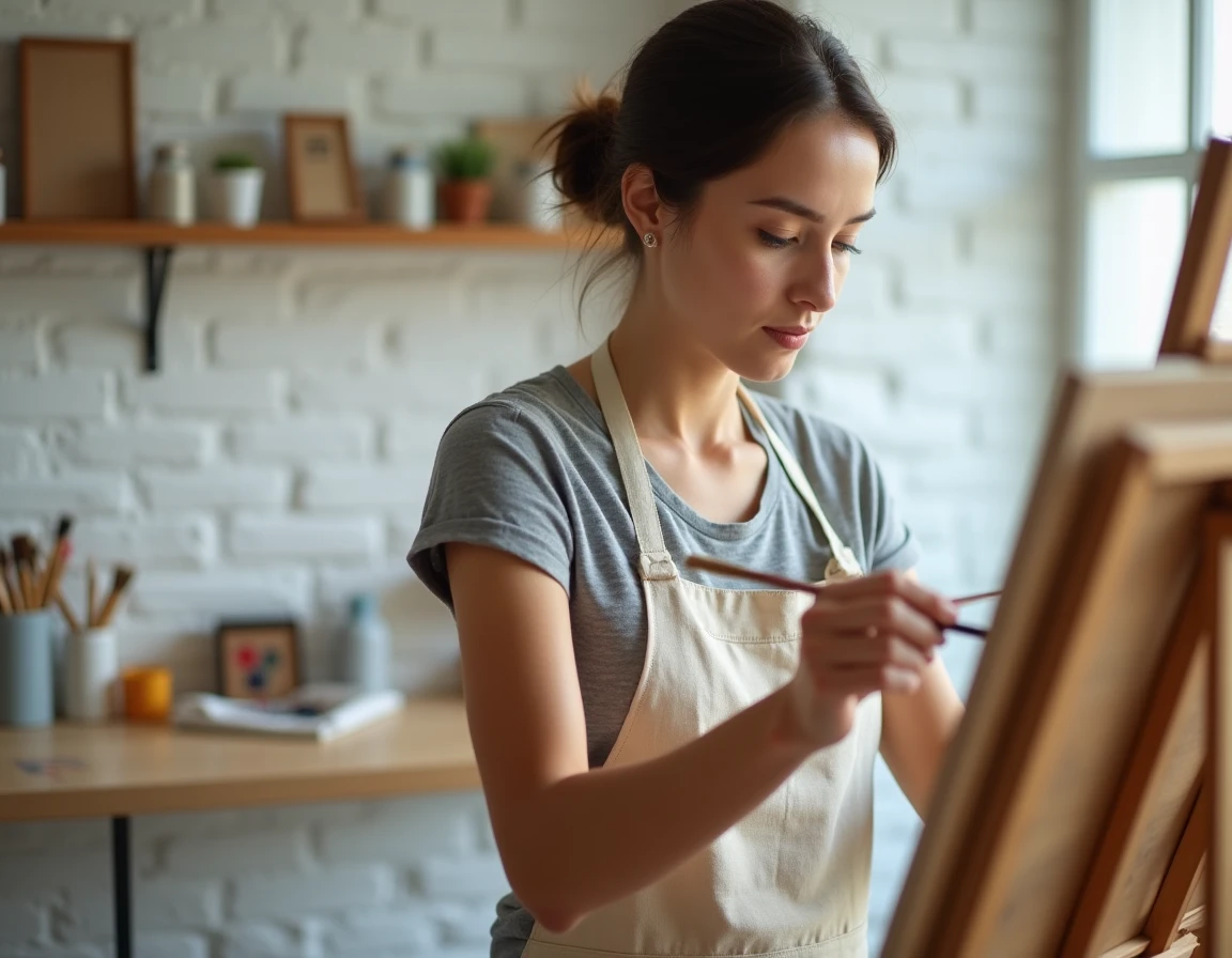 Femme en tablier de lin peignant sur une toile numérotée Paint by Numbers dans un atelier créatif à domicile