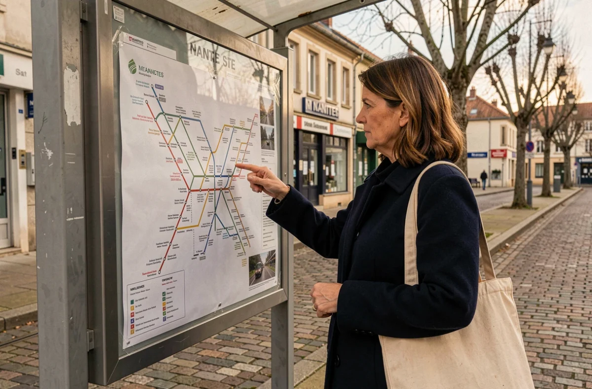 Femme consultant un plan du réseau de tramway à un arrêt de Nantes pour trouver sa correspondance