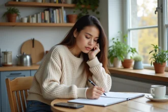 Jeune femme écrivant dans un planner dans une maison chaleureuse