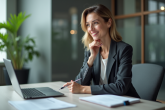 Femme professionnelle concentrée au bureau moderne