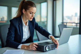 Femme en blazer navy utilisant un projecteur en réunion