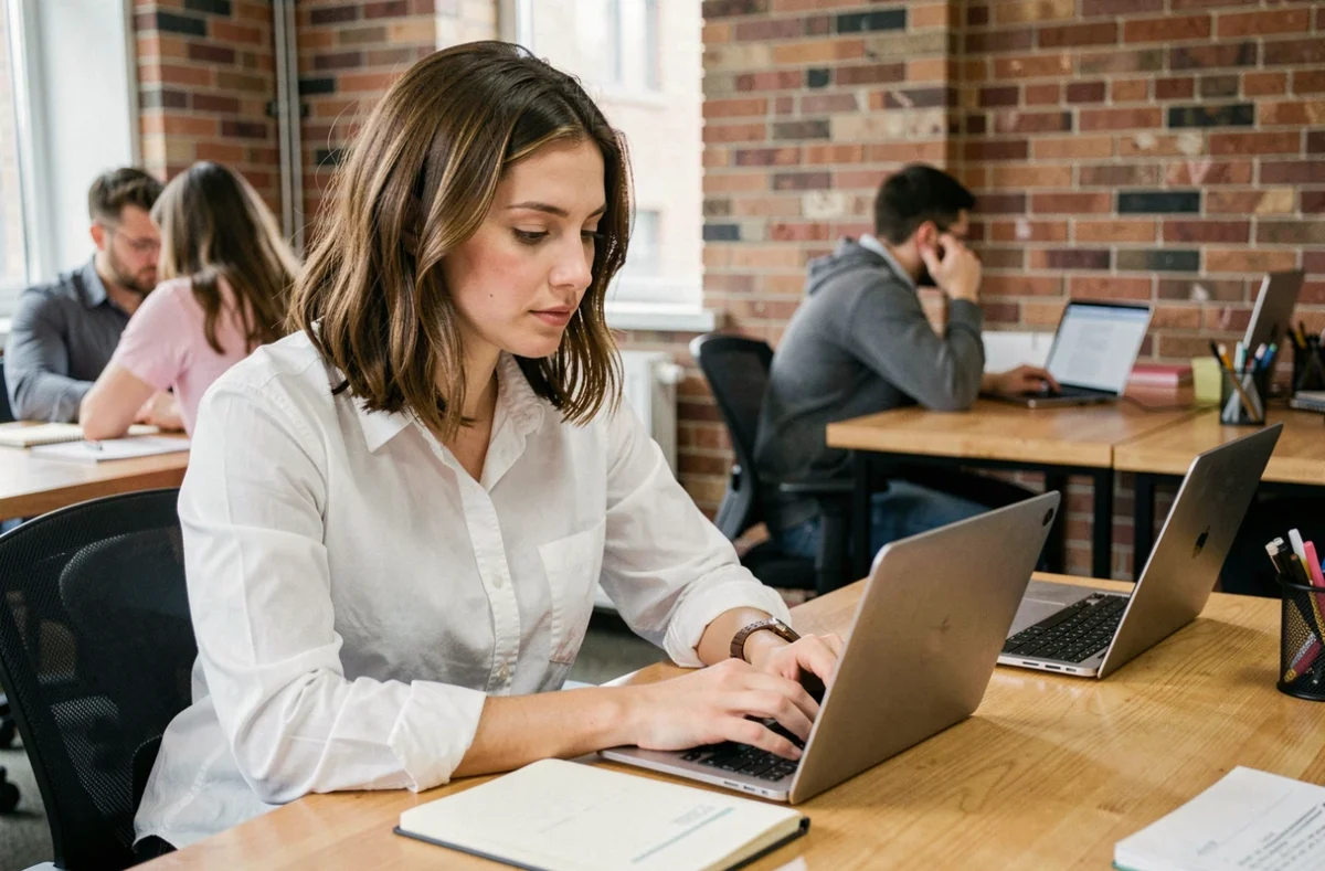 Femme analysant des informations sur une tablette dans un espace de co-working, illustrant la recherche sur Gagrop