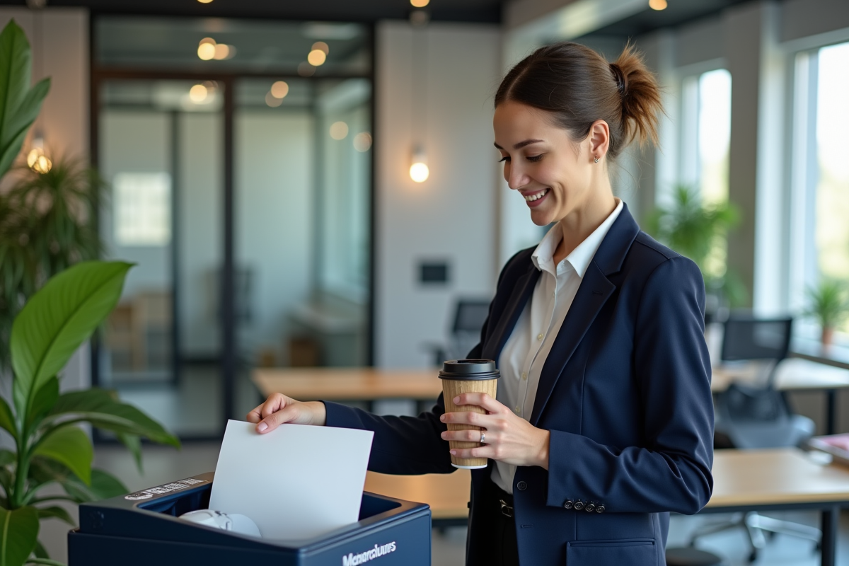 Femme souriante en blazer recyclant au bureau