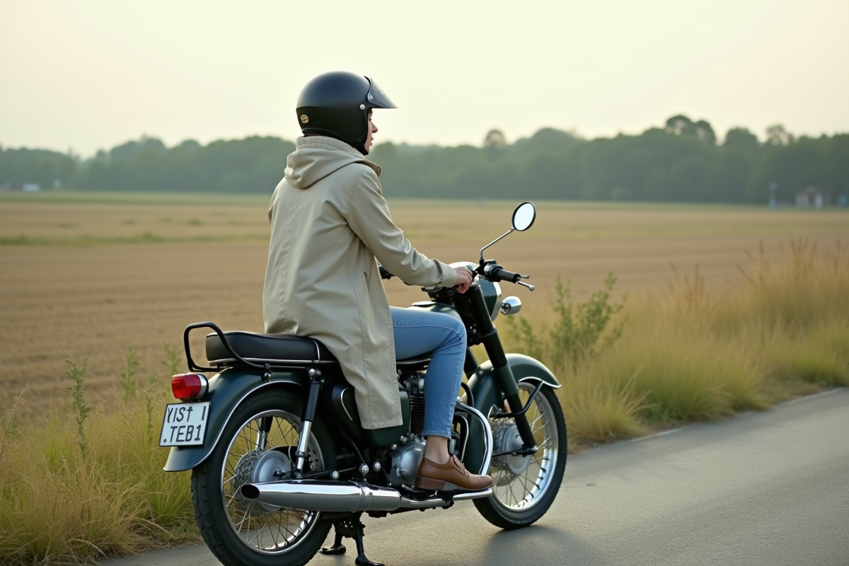 Femme en balade sur une moto Dax vintage en campagne