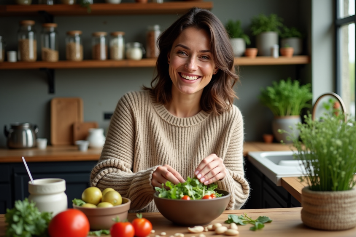 Femme souriante préparant une salade dans une cuisine chaleureuse