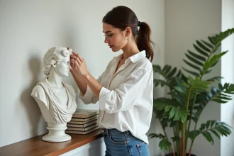 Femme ajustant un buste de Venus dans un salon moderne