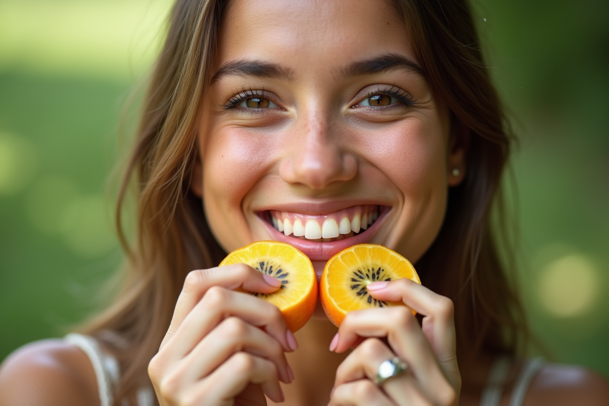 Jeune femme tenant des tranches de fruits exotiques en extérieur