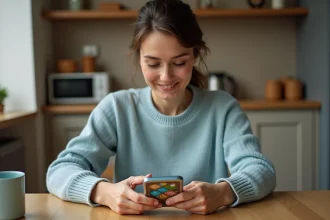 Femme utilisant une application de jeu de société sur smartphone pour obtenir des dés gratuits Monopoly Go
