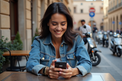 Femme souriante utilisant son smartphone sur une piazza italienne