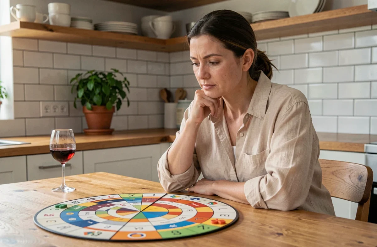 Femme seule concentrée sur le jeu du demi-cercle posé sur une table en bois dans une cuisine moderne