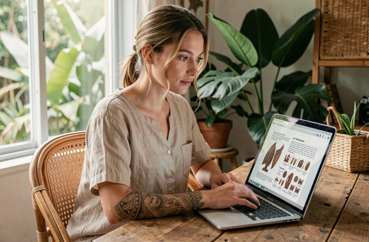 Jeune femme tatouée recherchant des symboles polynésiens en PDF sur son ordinateur portable