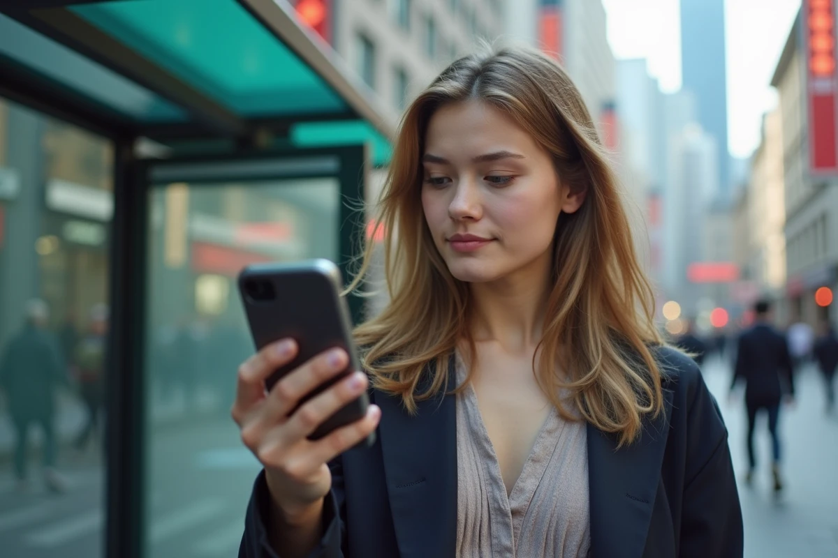 Jeune femme tenant un ancien téléphone à la ville près d