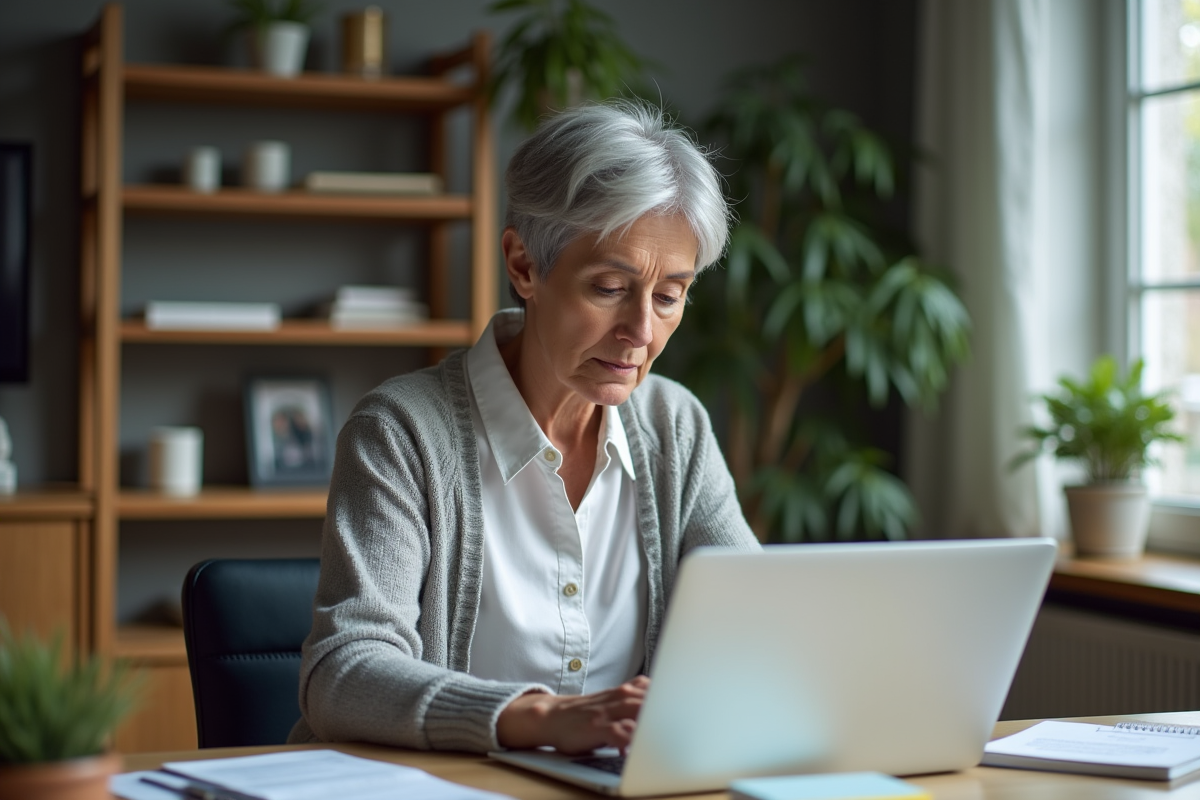 Femme réfléchissant à ses documents de retraite à son bureau