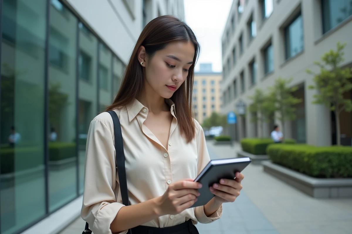 Jeune femme en extérieur avec produit et carnet