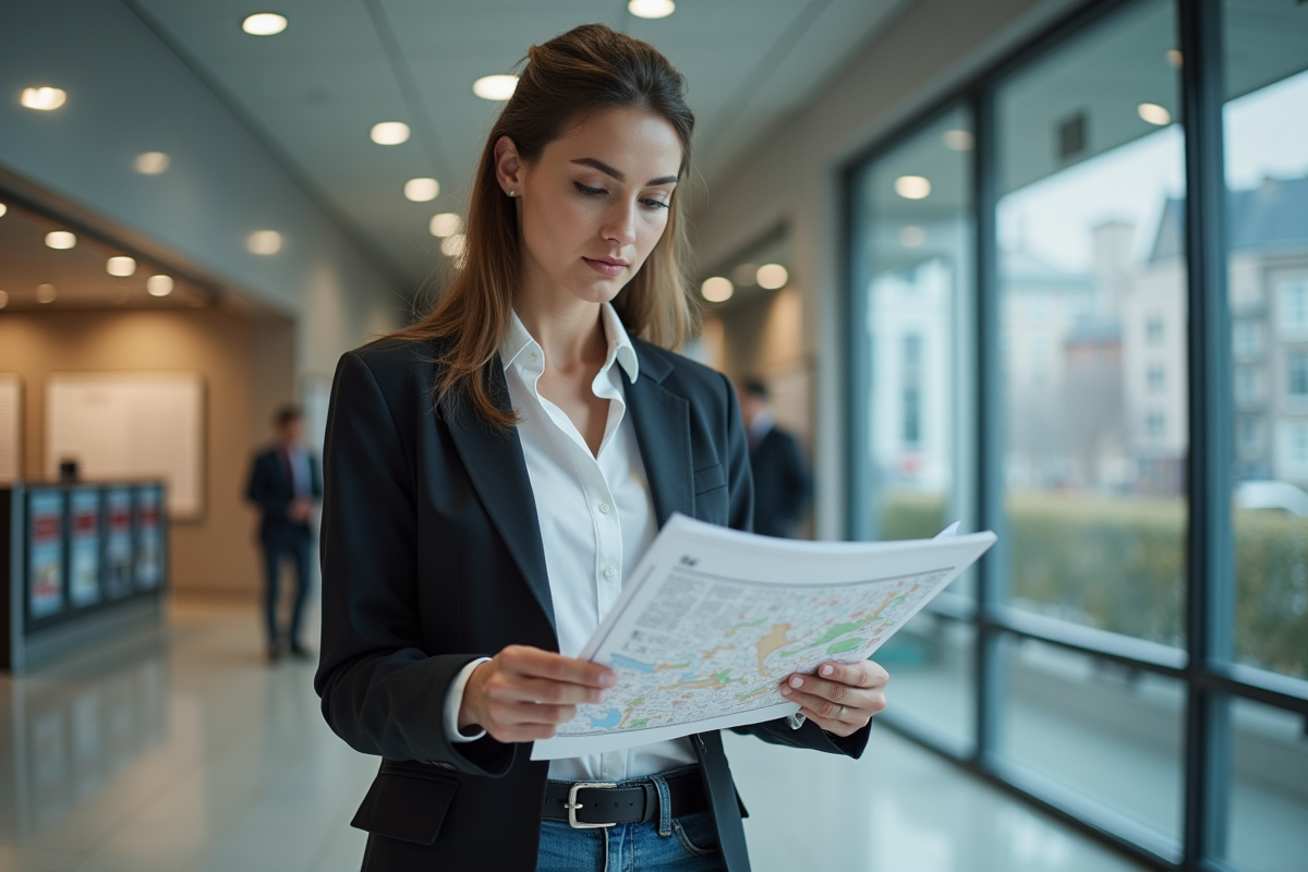 Femme professionnelle lisant des documents d'urbanisme