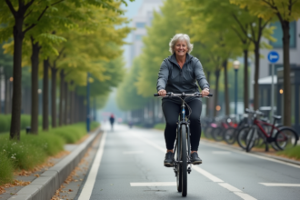 Femme en tenue de sport roulant à vélo en ville