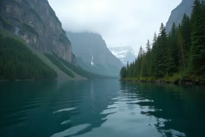 Fjord d'Alaska avec cicatrice de végétation sur falaise granitique indiquant la limite atteinte par le tsunami de Lituya en 1958