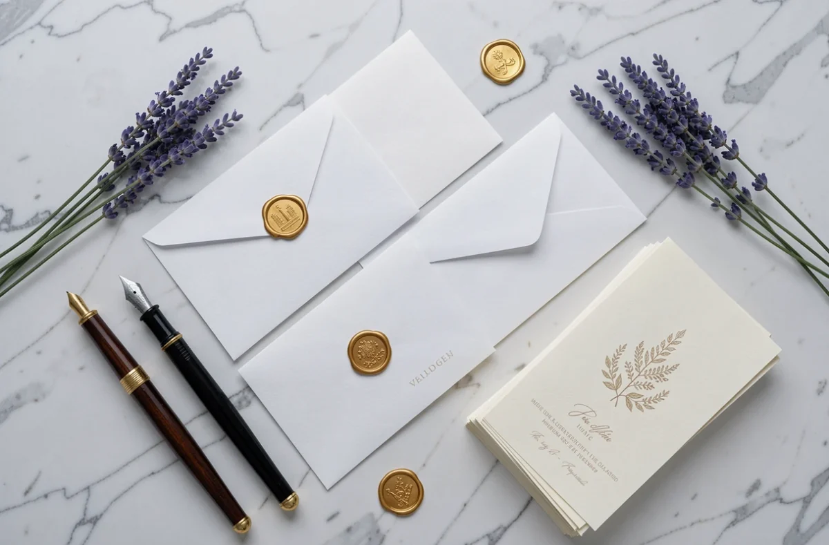 Vue de dessus d'enveloppes de mariage adressées à la calligraphie sur marbre blanc, entourées de sceaux dorés, d'un stylo plume et de brins de lavande séchée