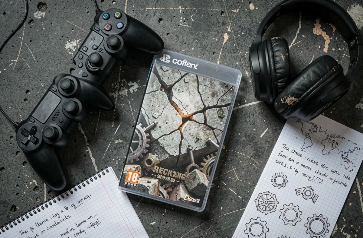 Flat-lay avec manette, boîte de jeu Gears of War E-Day et notes manuscrites sur fond béton texturé