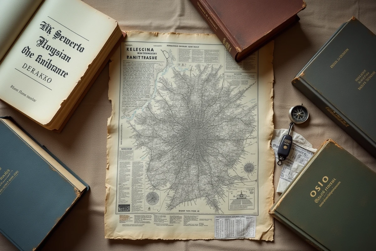 Flat lay de livres sur la Résistance norvégienne, carte d'Oslo et coupures de presse en noir et blanc évoquant Gunnar Sonsteby