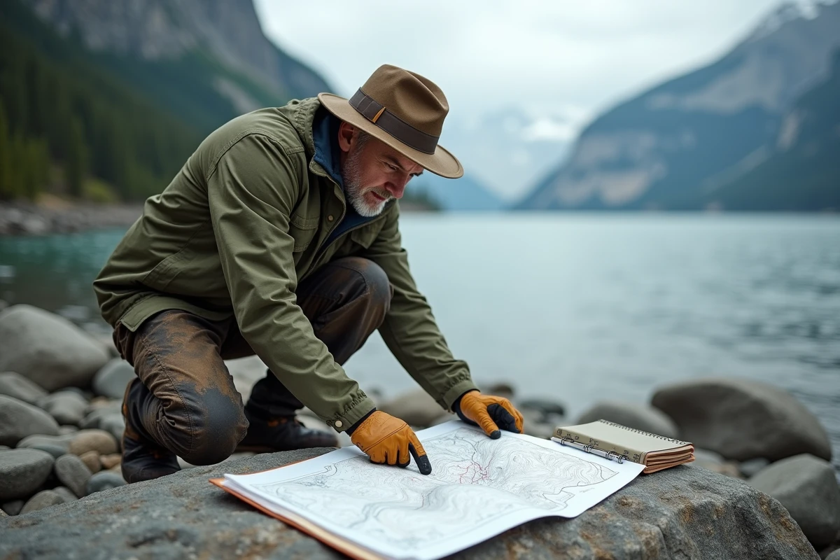 Géologue étudiant une carte topographique sur le terrain pour analyser les données du mégatsunami de la baie de Lituya en Alaska