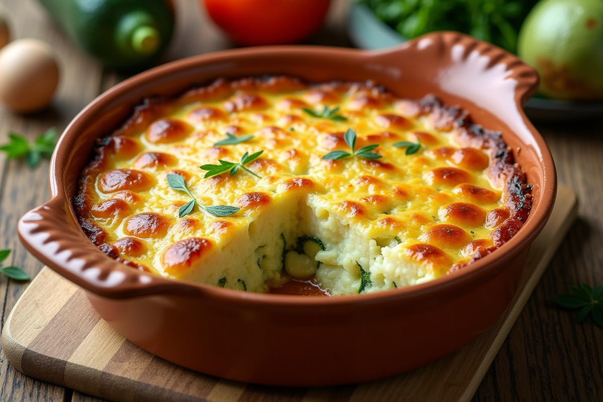 Gratin de courgettes et pommes de terre doré en plat rustique