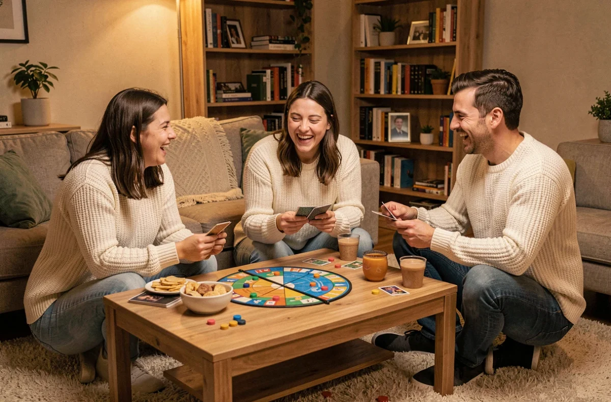 Groupe d'amis jouant au jeu du demi-cercle autour d'une table basse dans un salon cosy le soir