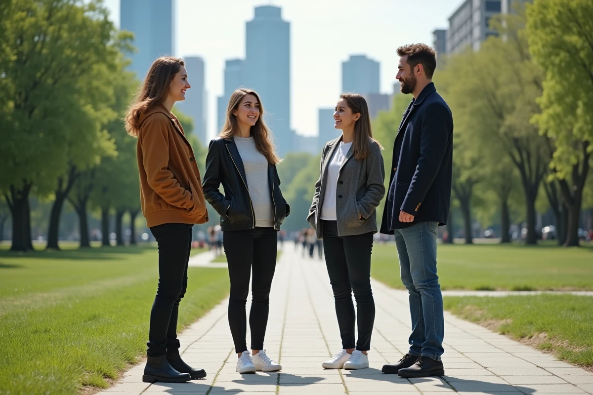 Groupe diversifié de jeunes discutant dans un parc urbain