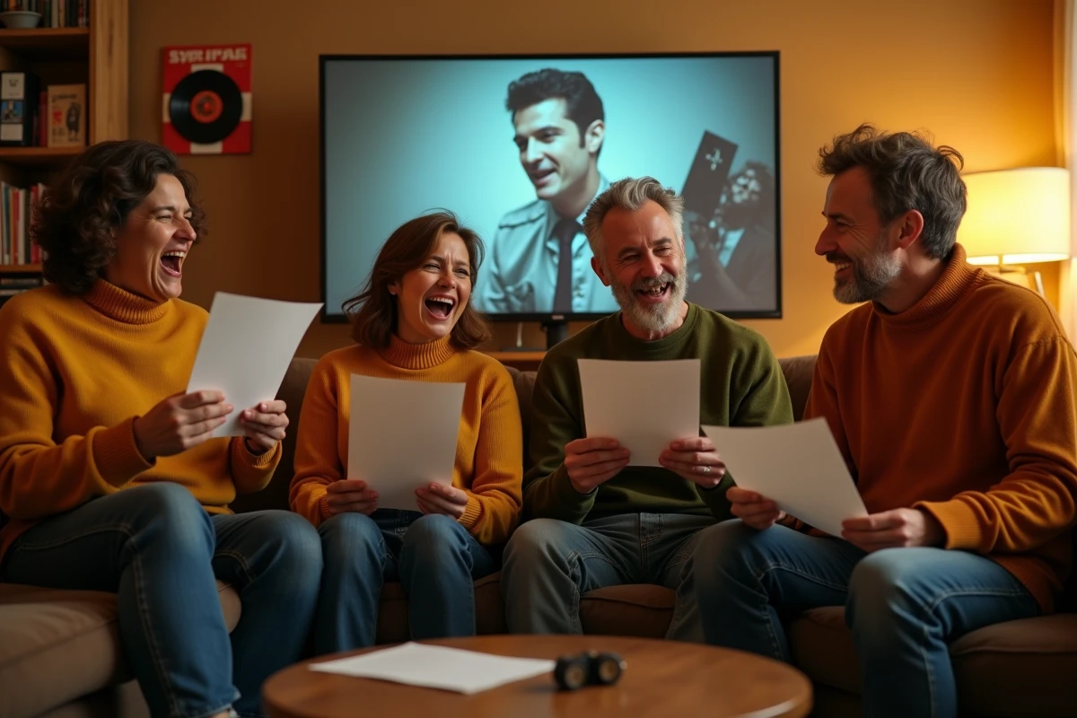 Groupe d'amis chantant des chansons françaises des années 60 en karaoké dans un salon parisien vintage