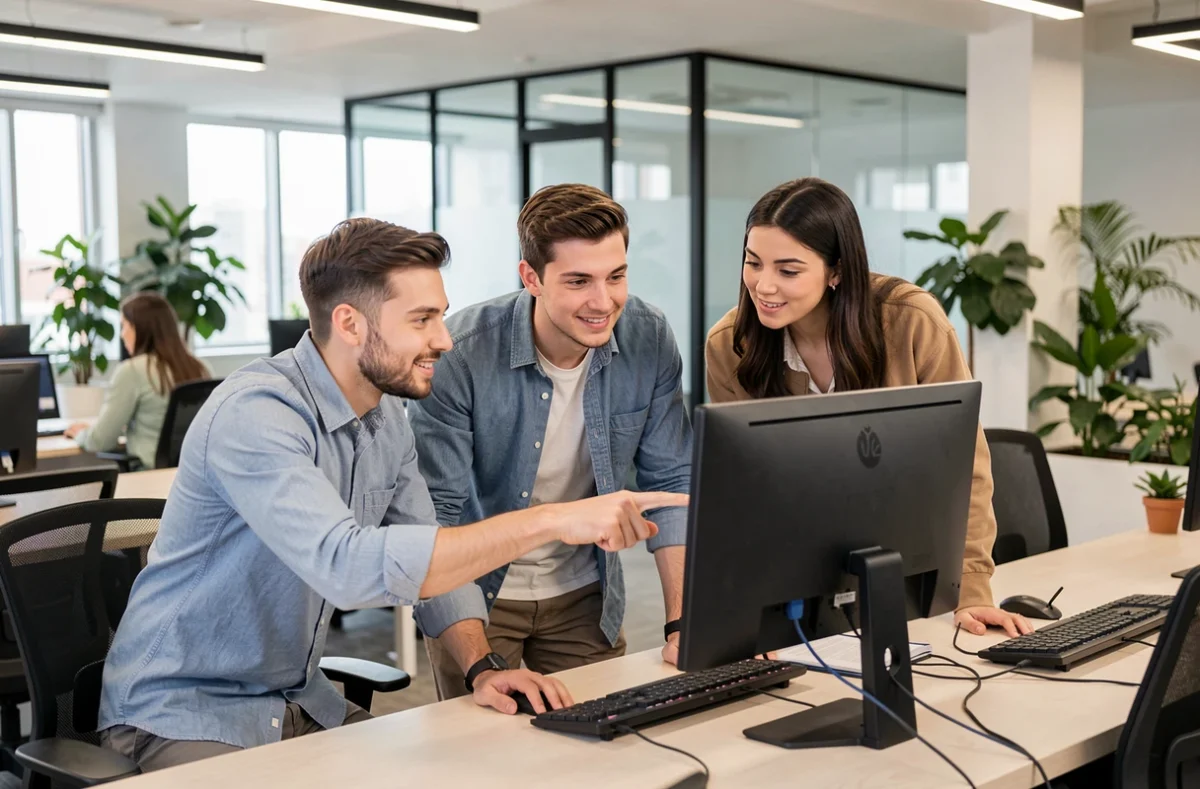 Groupe de jeunes professionnels discutant du site Gagrop devant un écran dans un bureau moderne
