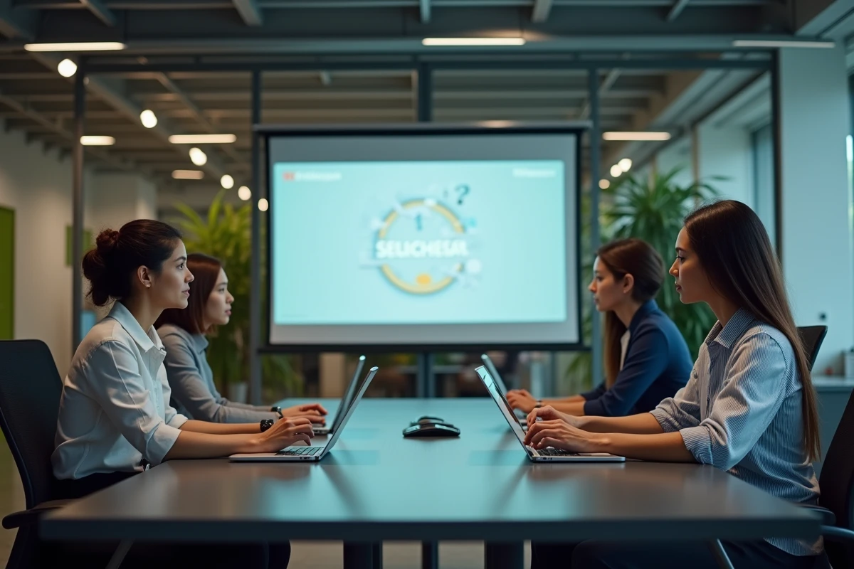 Groupe en réunion discutant d un logo mystérieux