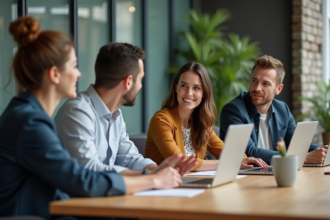 Groupe de quatre collègues multiculturels en réunion de travail