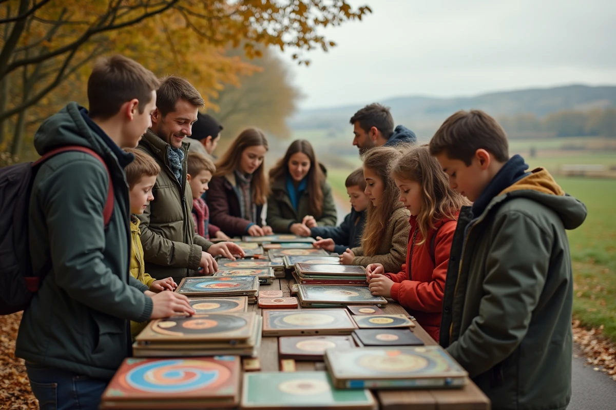 Groupe d amis autour d une vente de bric a brac en automne