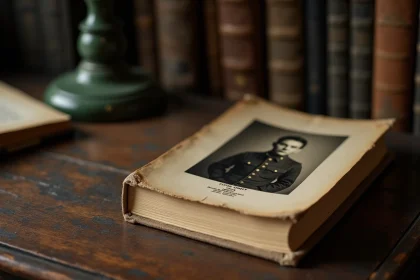 Vieux livre historique sur Gunnar Sonsteby posé sur un bureau en bois avec une photographie en noir et blanc des années 1940