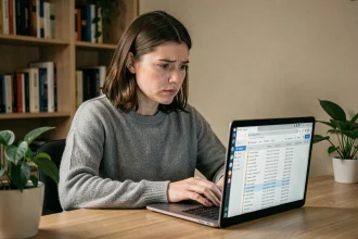 Femme consultant l'historique de navigation sur son ordinateur portable dans un bureau à domicile