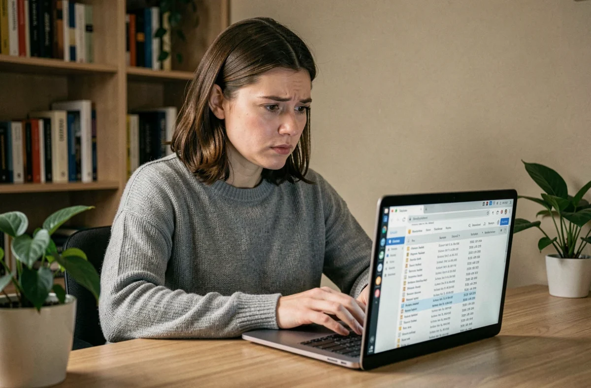 Femme consultant l'historique de navigation sur son ordinateur portable dans un bureau à domicile