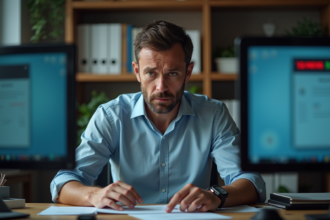 Homme d'âge moyen au bureau en difficulté avec écrans error