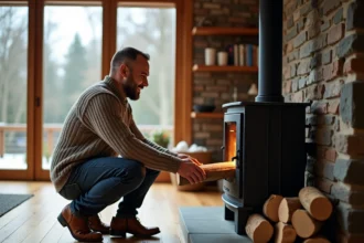 Homme en pull en train de charger du bois dans une cheminée moderne